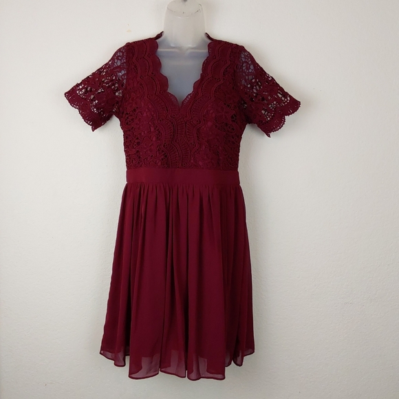 Lulu's Angel in Disguise Burgundy Lace Skater Dress - Picture 3 of 11